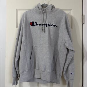 Champion Gray Pullover Hoodie with Navy Script Logo